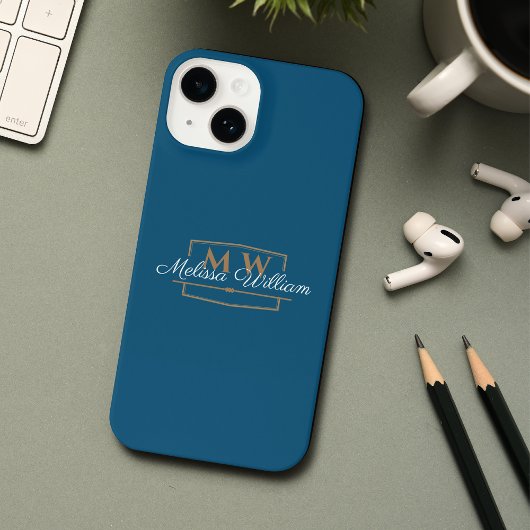 Blue White Gold Monogram Name Script iPhone Hülle