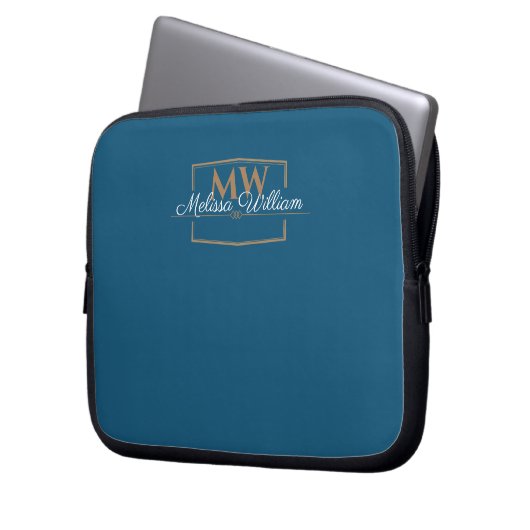 Blue White Gold Monogram Name Script Laptopschutzhülle (Vorderseite Links)