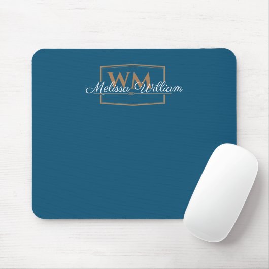 Blue White Gold Monogram Name Script Mousepad (Mit Mouse)