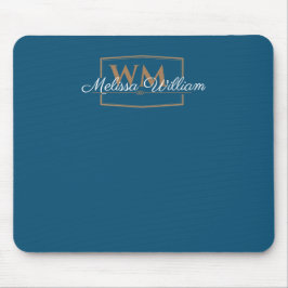 Blue White Gold Monogram Name Script Mousepad