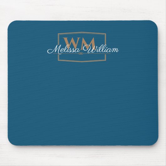 Blue White Gold Monogram Name Script Mousepad (Vorne)