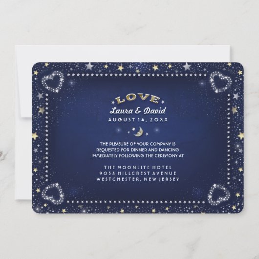 Blue White Gold Moon Stars EMPFANG INFO auf der Rü Einladung (Rückseite)