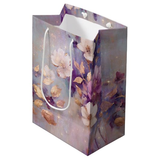 Blue White Gold Purple Floral Birthday Mittlere Geschenktüte (Vorderseite Schrägansicht)