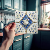 Blue White Gold Swan Mittelalterliche Skulptur Fliese