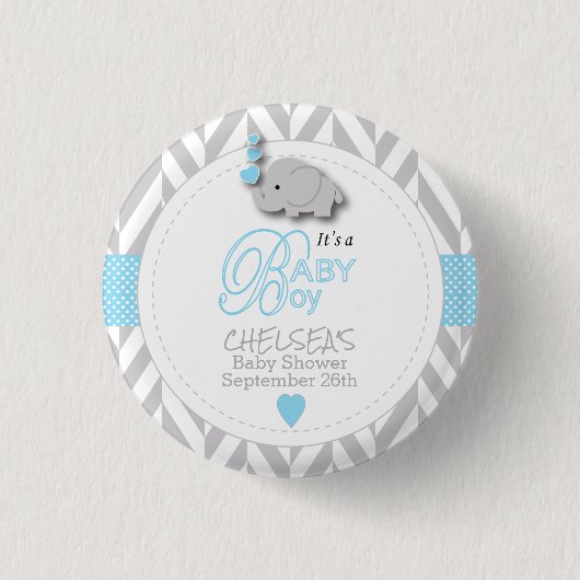 Blue, White Gray Elephant Baby Dusche Button (Vorderseite)