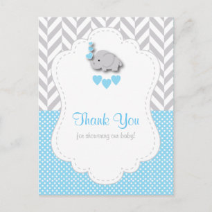Blue, White, Gray Elephant Baby Dusche Danke Postkarte