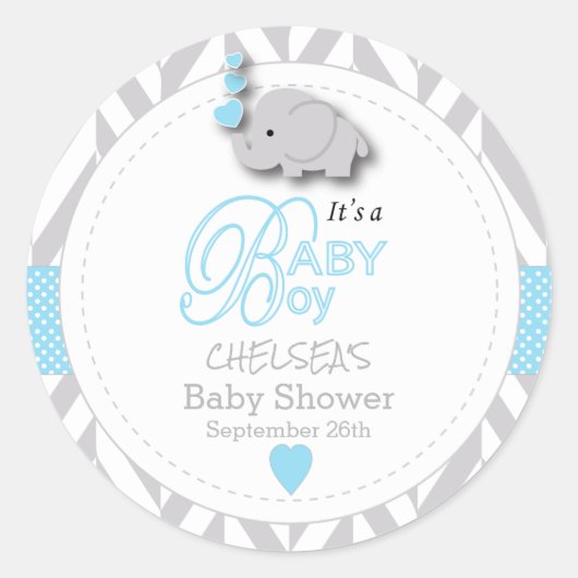 Blue, White Gray Elephant Baby Dusche Runder Aufkleber (Vorderseite)