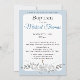 Blue White Gray Rose Watercolor Cross Baptism Einladung