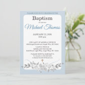 Blue White Gray Rose Watercolor Cross Baptism Einladung (Stehend Vorderseite)