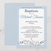 Blue White Gray Rose Watercolor Cross Baptism Einladung (Vorne/Hinten)