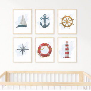 Blue White Grey Compass Rose Nautic Ocean Theme Poster