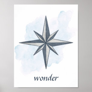 Blue White Grey Compass Rose Nautic Ocean Theme Poster