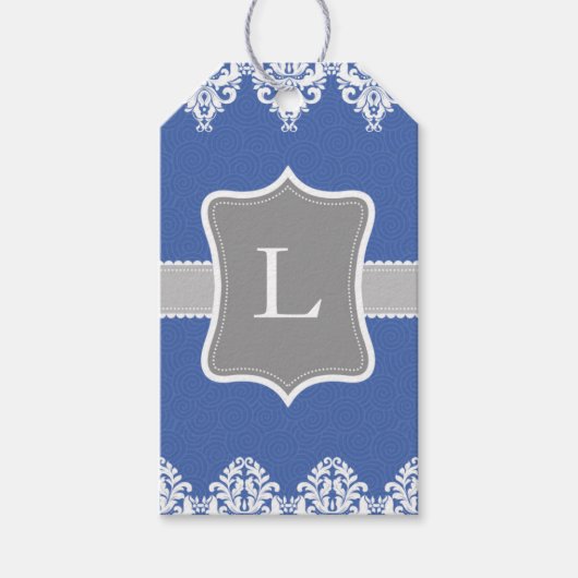 Blue White Grey Wirbel Monogram Gift Tags Geschenkanhänger (Vorderseite)