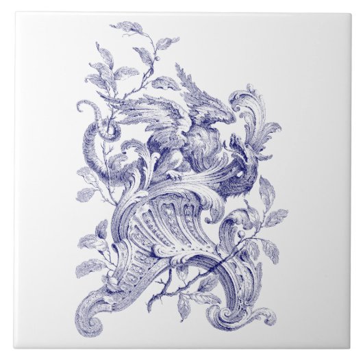 Blue & White Griffin auf Rocaille Baroque Rokoko Fliese (Vorderseite)