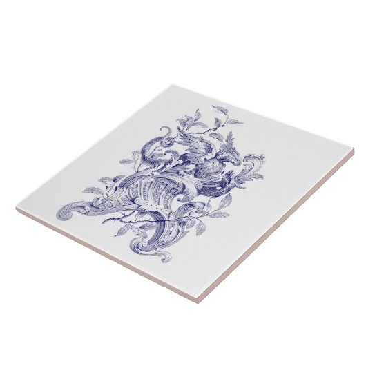 Blue & White Griffin auf Rocaille Baroque Rokoko Fliese (Seite)
