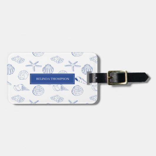 Blue White Hand Drawing Muscheln Beach Sommer Gepäckanhänger (Vorderseite horizontal)