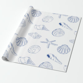 Blue White Hand Drawing Muscheln Beach Sommer Geschenkpapier