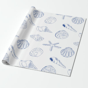 Blue White Hand Drawing Muscheln Beach Sommer Geschenkpapier