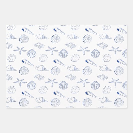 Blue White Hand Drawing Muscheln Beach Sommer Geschenkpapier Set (Vorderseite 2)