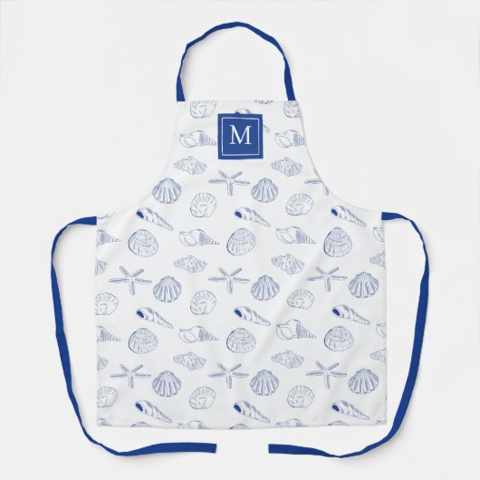 Blue White Hand Drawing Muscheln Beach Sommer Schürze (Vorderseite)