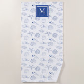 Blue White Hand Drawing Muscheln Beach Sommer Strandtuch (Vorderseite)