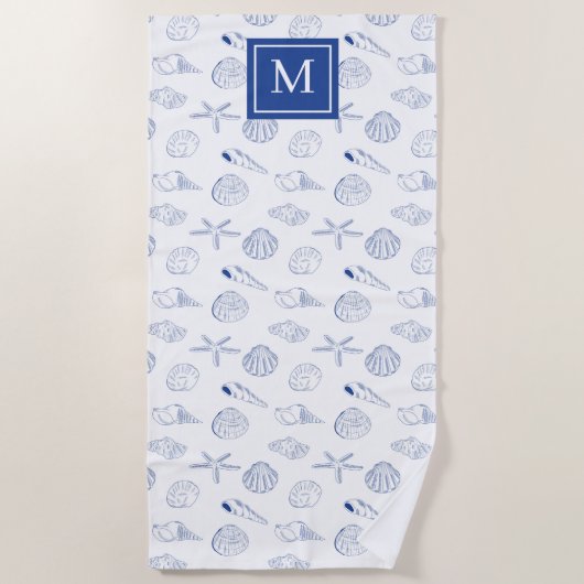 Blue White Hand Drawing Muscheln Beach Sommer Strandtuch (Vorderseite)