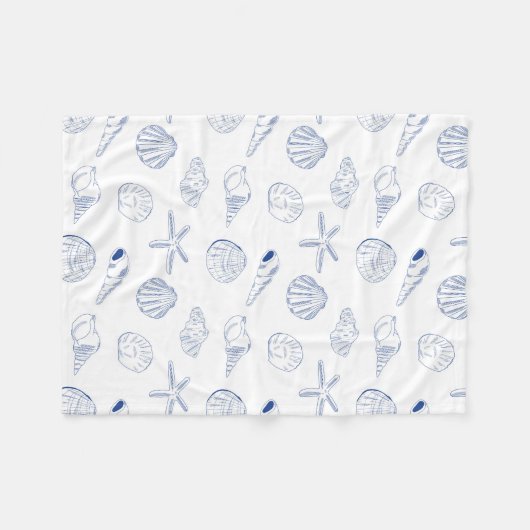 Blue White Hand Drawing Seashells Beach Summer Fleecedecke (Vorderseite (Horizontal))