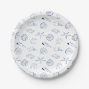Blue White Hand Drawing Seashells Beach Summer Pappteller