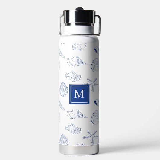 Blue White Hand Drawing Seashells Beach Summer Trinkflasche (Hinten)
