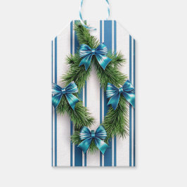 BLUE & WHITE HOLIDAY BOWS & STRIPES WITH GARLAND GESCHENKANHÄNGER