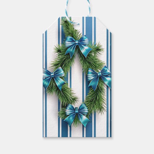 BLUE & WHITE HOLIDAY BOWS & STRIPES WITH GARLAND GESCHENKANHÄNGER (Vorderseite)