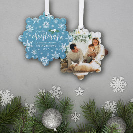 Blue White Holly Snowflakes Frohe Weihnachts-Foto Ornament Karte