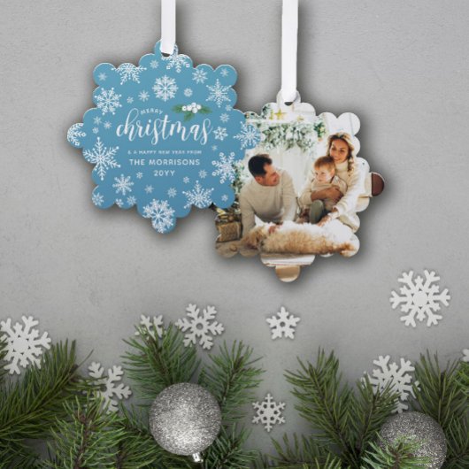 Blue White Holly Snowflakes Frohe Weihnachts-Foto Ornament Karte