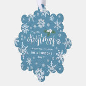 Blue White Holly Snowflakes Frohe Weihnachts-Foto Ornament Karte (Linke Ecke)