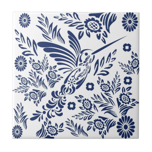 Blue & White Hummingbird Mexican Floral Talavera Fliese (Vorderseite)