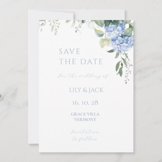 Blue & White Hydrangea Hochzeit speichern Sie die  (Vorderseite)