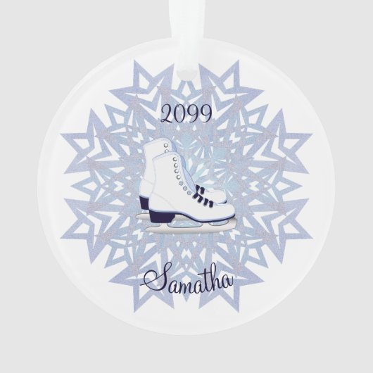 Blue White Ice Skate auf Blue Snowflake Weihnachte Ornament (Rückseite)