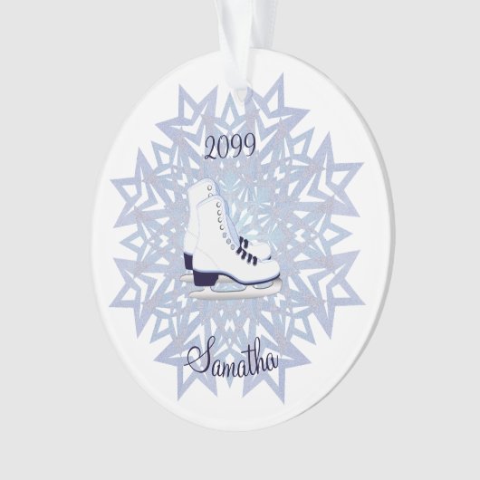 Blue White Ice Skate auf Blue Snowflake Weihnachte Ornament (Vorderseite)