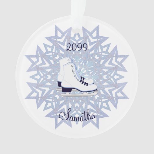 Blue White Ice Skate auf Blue Snowflake Weihnachte Ornament (Vorderseite)