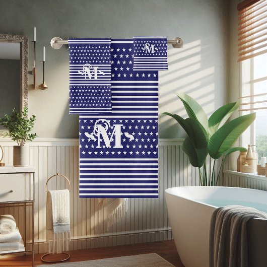 Blue White Independence Day Star & Strip Monogramm Badhandtuch Set