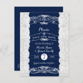 Blue & White Lace Elegante Hochzeit Save the Date Ankündigungspostkarte (Vorne/Hinten)