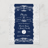 Blue & White Lace Elegante Hochzeit Save the Date Ankündigungspostkarte (Vorderseite)