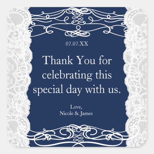 Blue & White Lace Elegante Wedding Favor Stickers (Vorderseite)