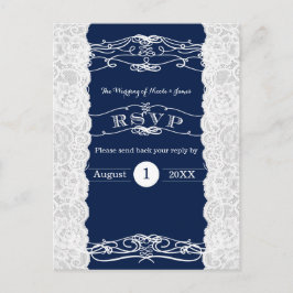 Blue & White Lace Elegante Wedding RSVP Card Einladungspostkarte