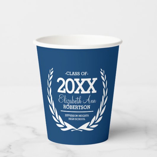 Blue|White Laurel Wreath Abschluss Class Jahr Pappbecher (Vorderseite)