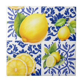 Blue White Lemon Pattern Mediterranean Citrus Fliese