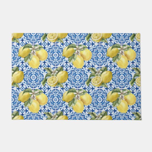 Blue White Lemon Tile Mediterranean Pattern Fußmatte (Vorderseite)