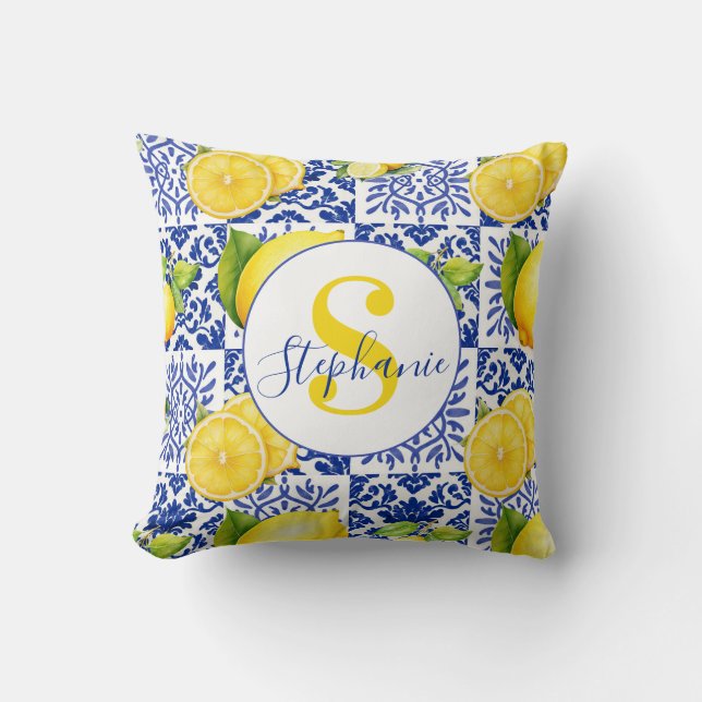 Blue White Lemon Tile Pattern Citrus Monogram Name Kissen (Vorderseite)