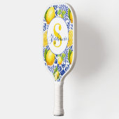 Blue White Lemon Tile Pattern Citrus Monogram Name Pickleball Schläger (Links)