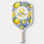 Blue White Lemon Tile Pattern Citrus Monogram Name Pickleball Schläger (Rückseite)
